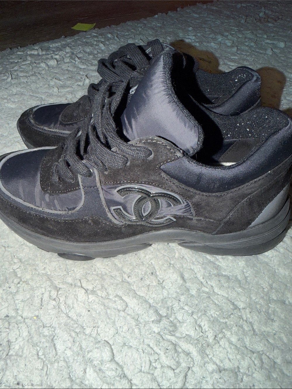 CHANEL Black Suede & Nylon Logo Lace-Up Sneakers